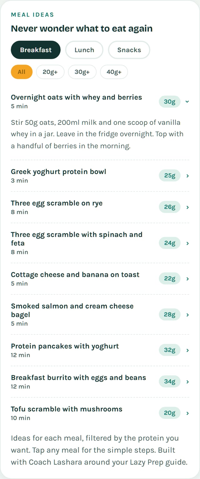 Meal ideas filtered by protein, each with simple steps