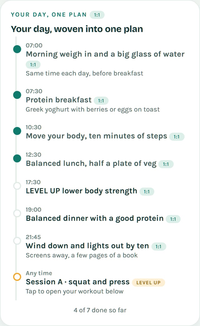 A whole day laid out as a tickable timeline, from morning weigh in to lights out