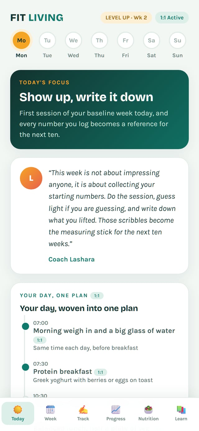 The LEVEL UP Today screen: the week ribbon, today's focus, a note from Coach Lashara and the day's plan