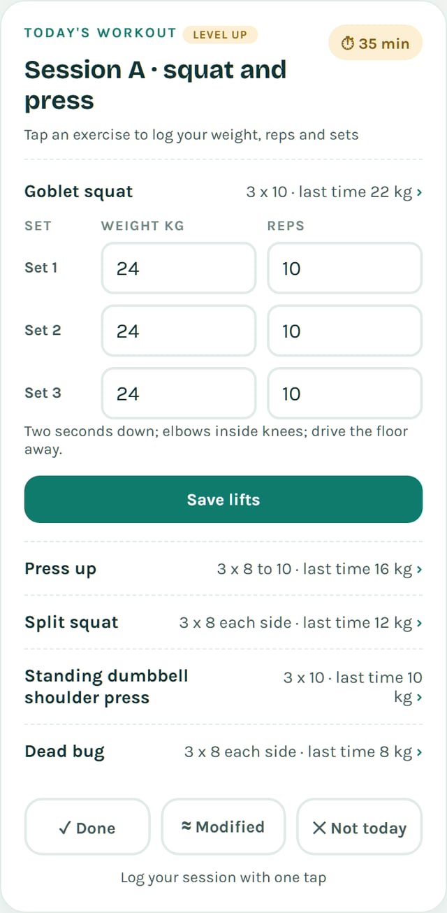 Logging a workout: sets, weights and reps, with last week's numbers shown